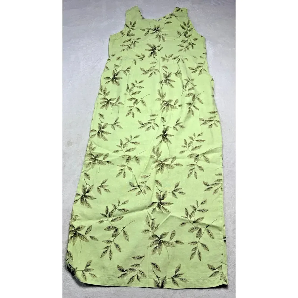 Vintage Russ Berens Malibu Linen Maxi Dress M Lime Green Leaf Print Made in USA